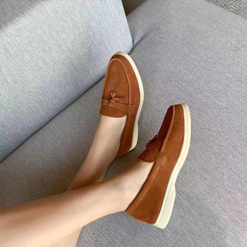 Women's Suede-Look Loafers with Decorative Buckle – Beige