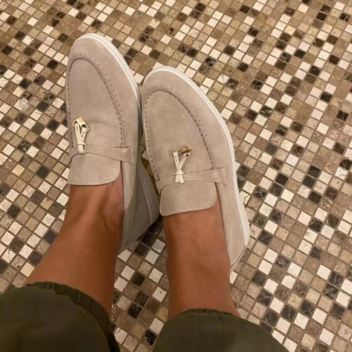 Women's Suede-Look Loafers with Decorative Buckle – Beige