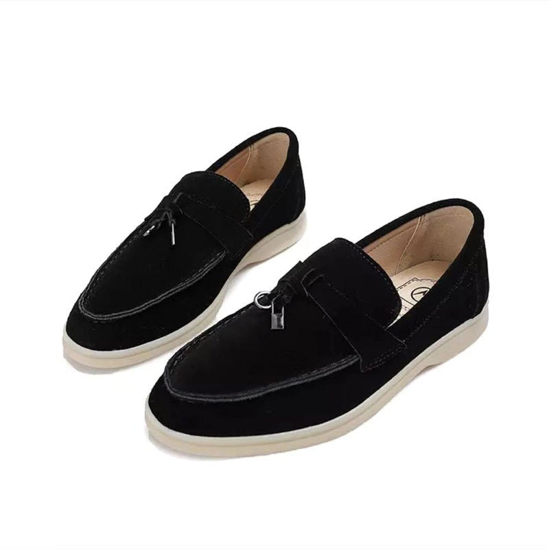 Women's Suede-Look Loafers with Decorative Buckle – Black