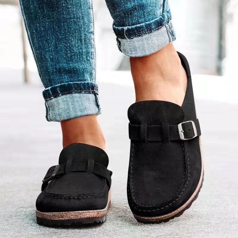Women's Summer Slip-On Sandals with Decorative Buckle – Black