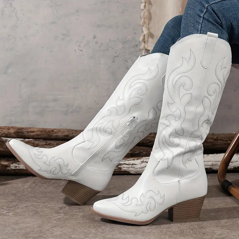 Women's Tall Heeled Cowboy Boots – White