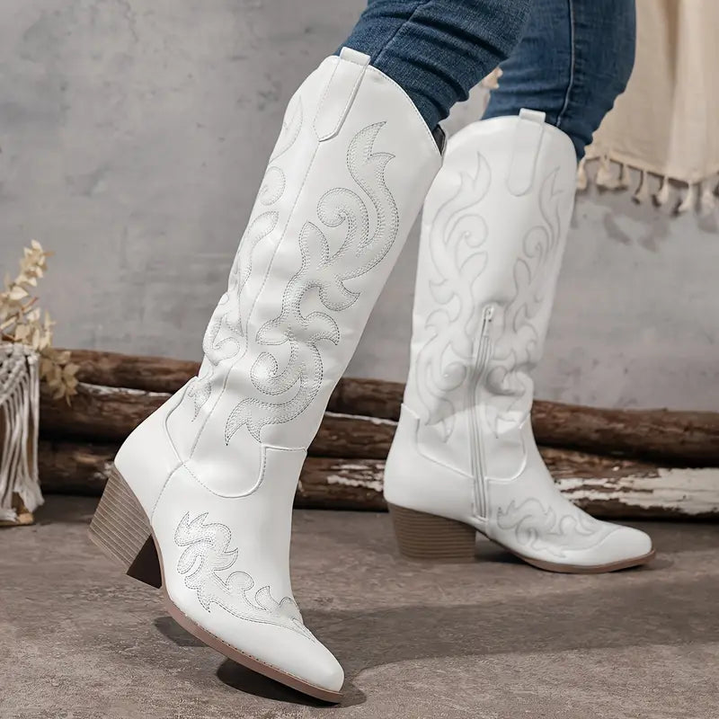 Women's Tall Heeled Cowboy Boots – White