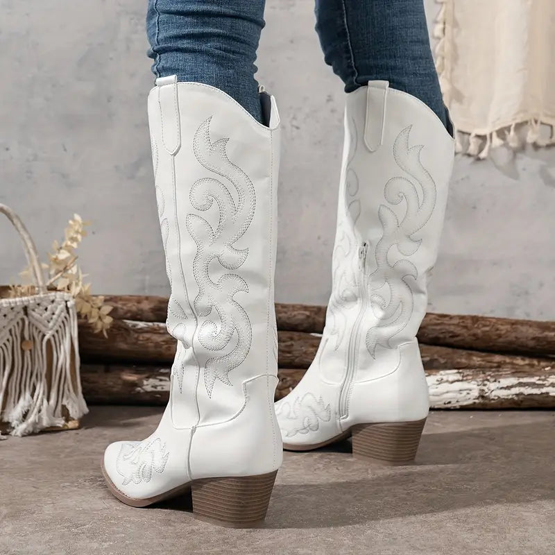 Women's Tall Heeled Cowboy Boots – White