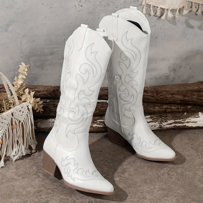 Women's Tall Heeled Cowboy Boots – White