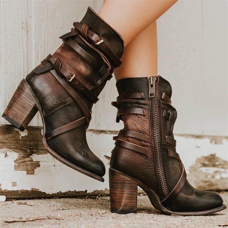 Women's Vintage-Style Ankle Boots with Comfort Heel – Coffee