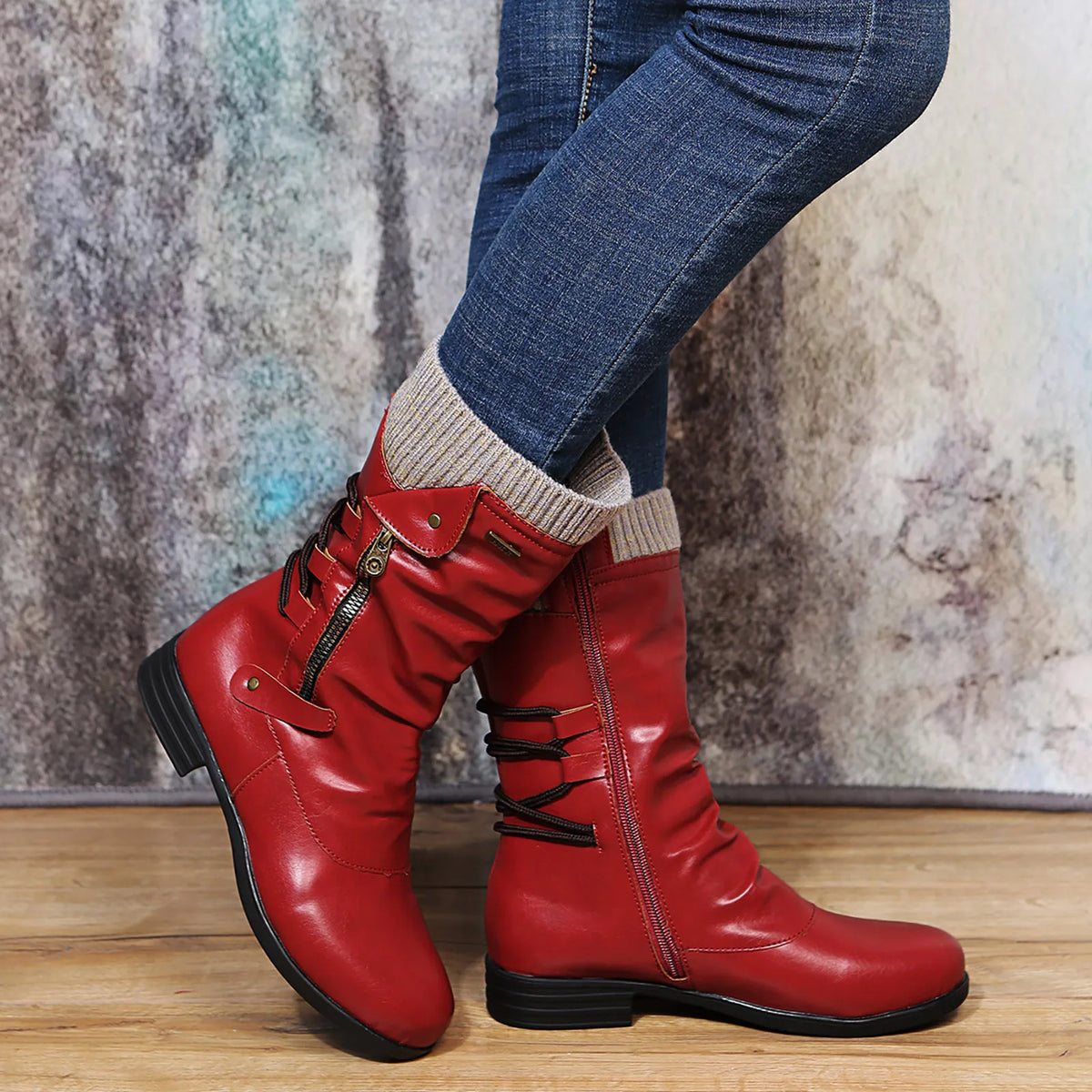Women's Waterproof Leather Ankle Boots for Cool Days – Red