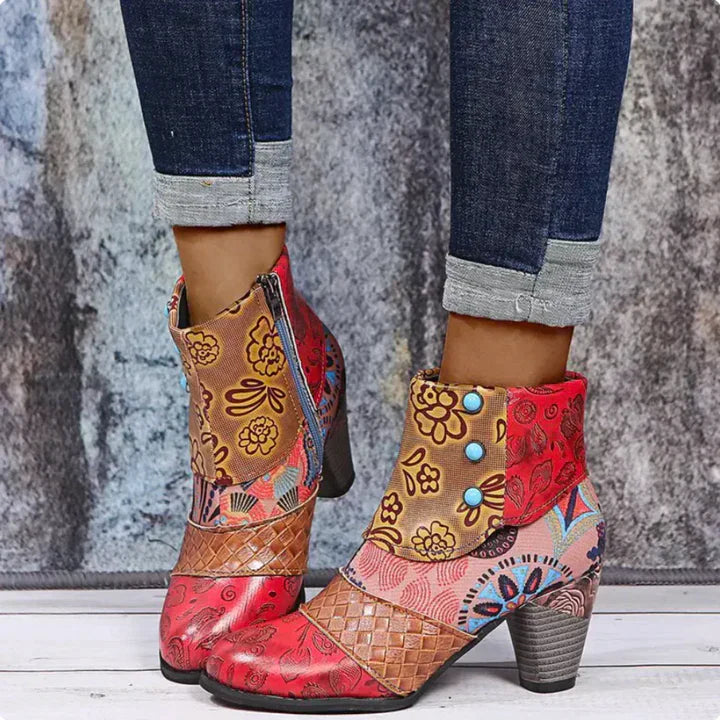Women's Waterproof Retro-Style Heeled Boots – Red